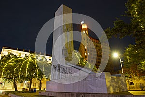 Alamo Cenotaph Monument at night, San Antonio, Texas, USA