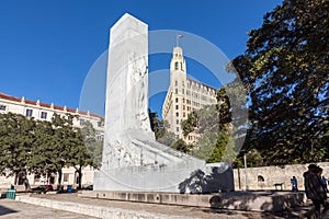 Alamo Cenotaph Monument in white at the Alamo Plaza in San Antonio, USA