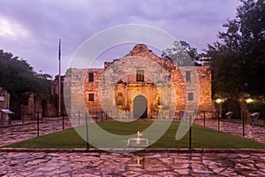 Alamo mission in San Antonio illuminated at night