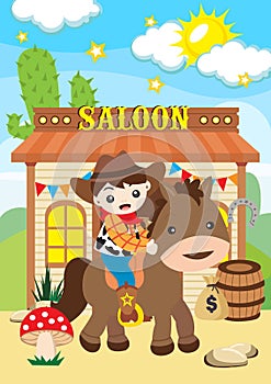 Cartoon cowboy kid in wild west town illustration