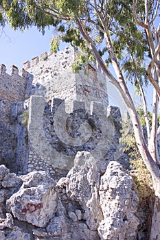 Alanya Castle. Gray-blue stone wall.