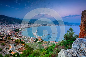 Alanya city scenery by the mediterranean sea at dusk. Turkey