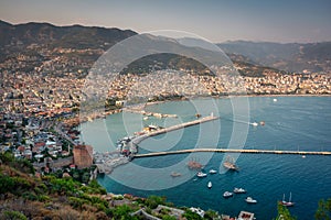 Alanya city scenery by the Mediterranean Sea at sunset, Turkey