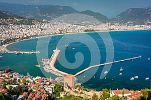 Alanya city scenery by the mediterranean sea at sunset. Turkey