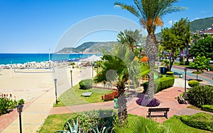 Alanya with comfortable beach and clear blue sea in Antalya Province, Turkey