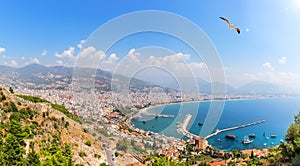 Alanya port in the harbour, panoramic view from the Alanya castle, Turkey