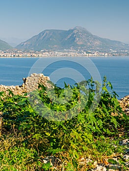 Alanya, Turkey. Beautiful view from the fortress Alanya Castle of the Mediterranean Sea and beach at sunset