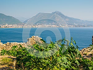 Alanya, Turkey. Beautiful view from the fortress Alanya Castle of the Mediterranean Sea and beach at sunset