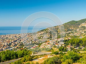 Alanya, Turkey. Beautiful view new houses on the mountain. Real estate. Vacation postcard background