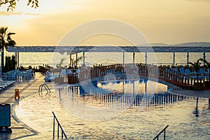 View of the pool and the sea at sunset. Near the pool are sun loungers, palm trees grow. The