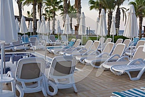 Alanya, Turkey - October 05, 2018. Beautiful pool in Kirman Sidera Luxury hotel with clear blue water on background of sea, blue