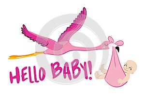 Hello baby - Baby Shower illustration with flamingo stork. Typography illustration for new born.