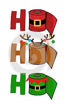 Ho Ho Ho - Merry Christmas 2020 Quarantine, Cartoon doodle drawing toilet papers in Santa and Elf costume and with reindeer antler