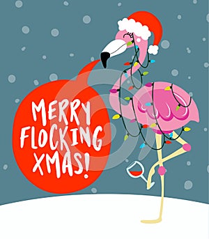 Merry flocking Xmas - Calligraphy phrase for Christmas with cute flamingo girl in Santa Hat. photo