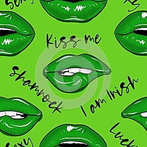 St Patrick`s Day patterni with sexy green lips.