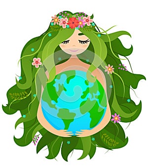 Happy Mother Earth Day  - vector Planet Earth and beautiful Mother drawing with flower wreath. photo