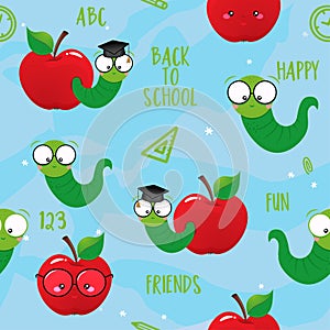 Smart worms, studenst, happy friends apples. Cute catterpillar characters. photo
