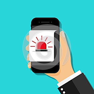 Alarm alert message in smartphone. Icon of danger. Notification of siren in phone. Warning of error. Caution of fraud and spam.