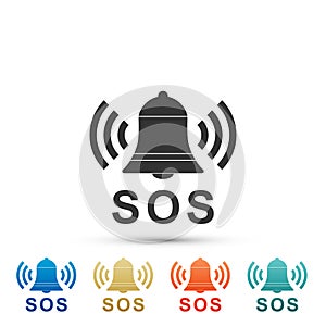 Alarm bell and SOS lettering icon isolated on white background. Warning bell, help sign. Emergency SOS button. Set