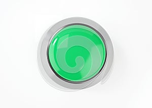 Alarm button 3d render icon - start glossy green simple circle with switch sign, round shutdown metal element