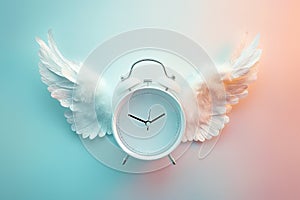 Alarm clock with angel wings flying on pastel background. Time flies concept, time management, free time. Time of flight. Day