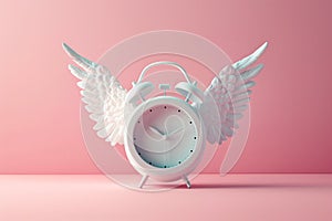 Alarm clock with angel wings flying on pastel background. Time flies concept, time management, free time. Time of flight. Day