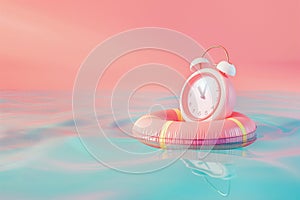 Alarm clock as an inflatable ring floating in the water on pastel background. Minimalist creative concept. Save your time,