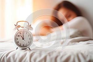 Alarm clock on bedside table in bedroom with woman sleeping on bed in blurred background. Generative AI