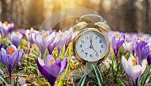 Alarm clock among blooming crocuses, spring forward concept. Spring time change, first spring flowers, daylight saving time.