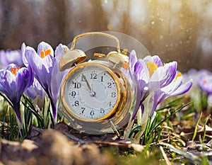 Alarm clock among blooming crocuses, spring forward concept. Spring time change, first spring flowers, daylight saving time.