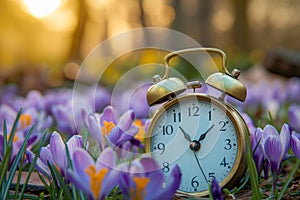 Alarm clock among blooming crocuses, spring forward concept. Spring time change, first spring flowers, daylight saving time.