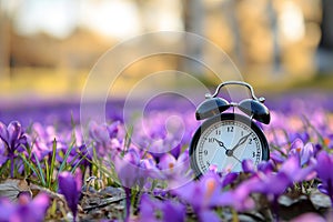 Alarm clock among blooming crocuses, spring forward concept. Spring time change, first spring flowers, daylight saving time.