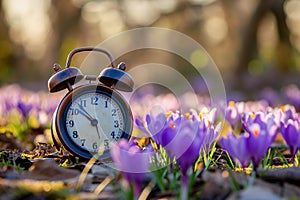 Alarm clock among blooming crocuses, spring forward concept. Spring time change, first spring flowers, daylight saving time.