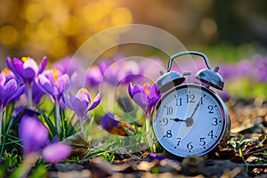 Alarm clock among blooming crocuses, spring forward concept. Spring time change, first spring flowers, daylight saving time.