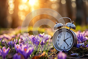 Alarm clock among blooming crocuses, spring forward concept. Spring time change, first spring flowers, daylight saving time.