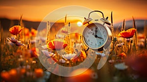 Alarm clock, blooming flowers, spring forward concept, daylight saving time change, spring flowers