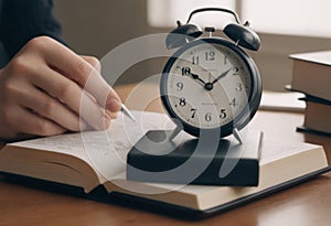 Alarm clock with books on the table of a student doing homework at home, close-up