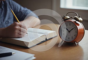 Alarm clock with books on the table of a student doing homework at home, close-up