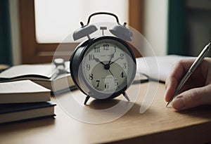 Alarm clock with books on the table of a student doing homework at home, close-up