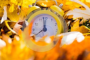 An alarm clock buried in autumn leaves. Five to twelve. Season change concept