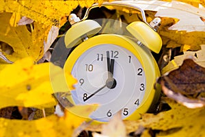 An alarm clock buried in autumn leaves. Five to twelve. Season change concept