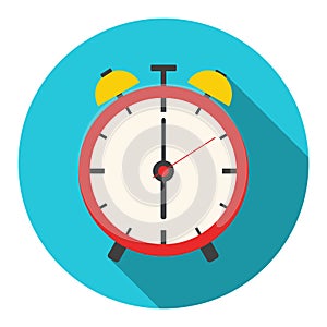 Alarm clock, cartoon alarm clock icon isolated on blue background with shadow. Vector illustration.