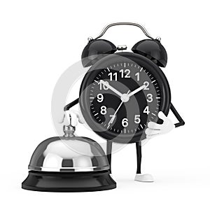 Alarm Clock Character Mascot with Hotel Service Bell Call. 3d Rendering