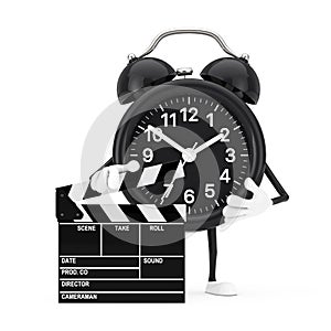 Alarm Clock Character Mascot with Novie Clapper Board. 3d Rendering