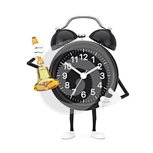 Alarm Clock Character Mascot with Vintage Golden School Bell. 3d Rendering
