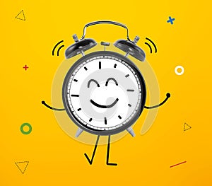 Alarm clock character smiling. Happy hour concept