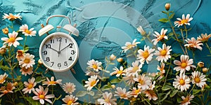 Alarm clock with cherry blossoms, switch to daylight saving time in spring, summer time changeover photo