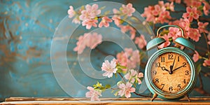 Alarm clock with cherry blossoms, switch to daylight saving time in spring, summer time changeover photo