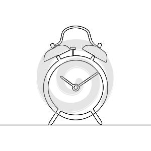 Alarm clock continuous one line drawing. Black and white vector illustration