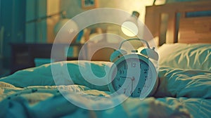Alarm clock on a cozy bed. AI generated
